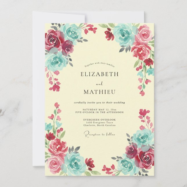 Invitación Boda Pintada Turquesa Magenta (Anverso)