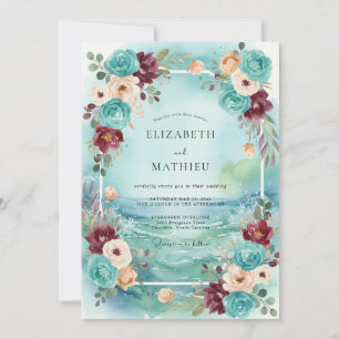 Invitación Boda Pintada Vintage Aqua Ciruela