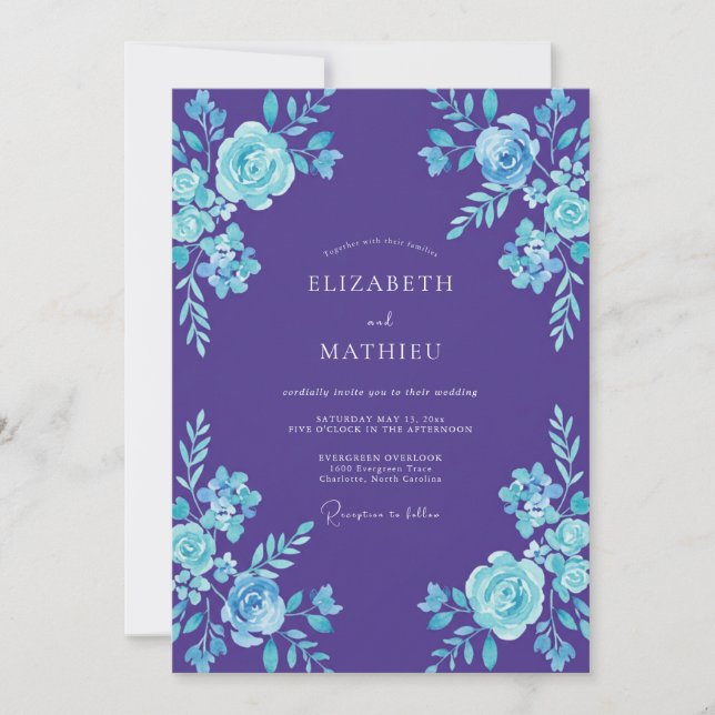 Invitación Boda Pintada Violeta Acuática (Anverso)