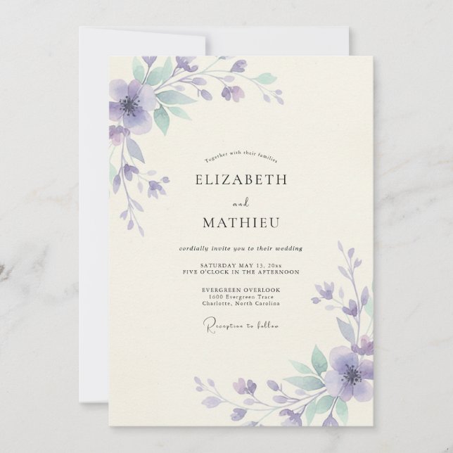 Invitación Boda Pintada Violeta y Espuma de Mar (Anverso)