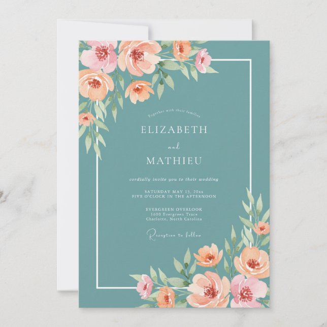 Invitación Boda Pintoresca Flor de Teal (Anverso)