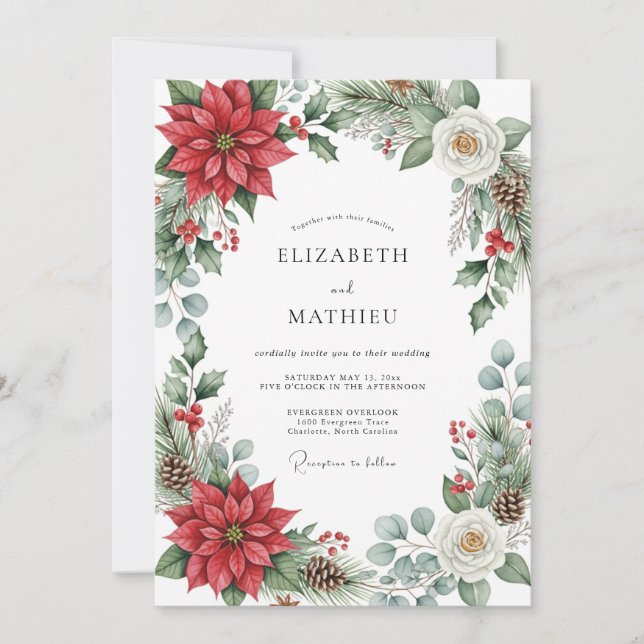 Invitación Boda pintoresca roja de Navidad (Anverso)