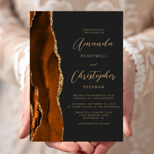 Invitación Boda Pizarra Escritura Dorada Ágata Naranja Quemad