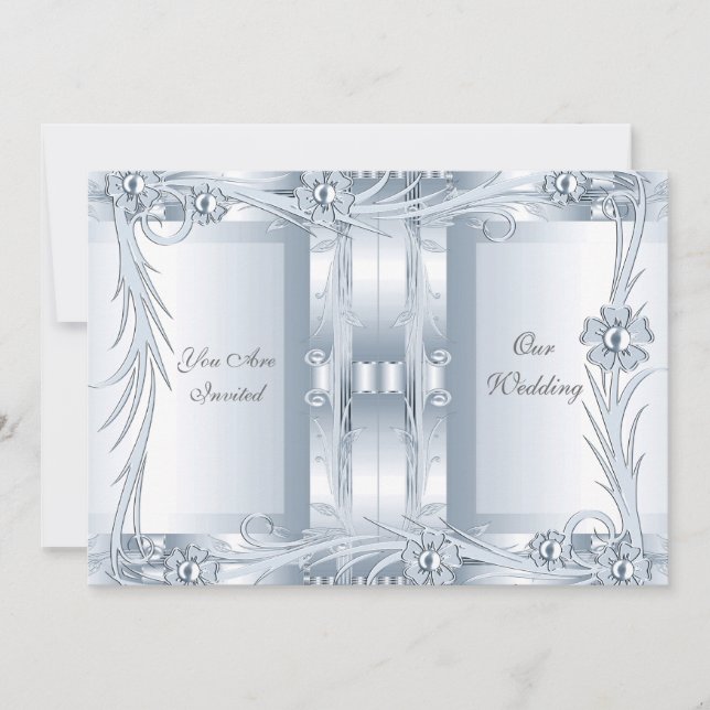 Invitación Boda Plata Azul Art Deco Floral (Anverso)