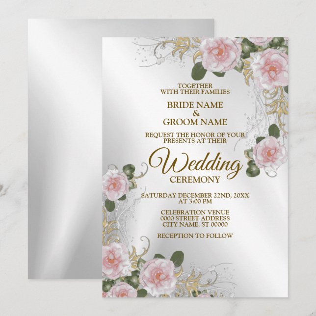 Invitación Boda Plata Floral Blanca Rosa Rústica Elegante (Anverso / Reverso)