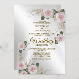 Invitación Boda Plata Floral Blanca Rosa Rústica Elegante