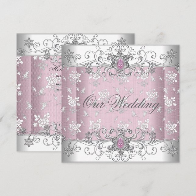 Invitación Boda Plata Rosa Lace de manguera de diamante blanc (Anverso / Reverso)
