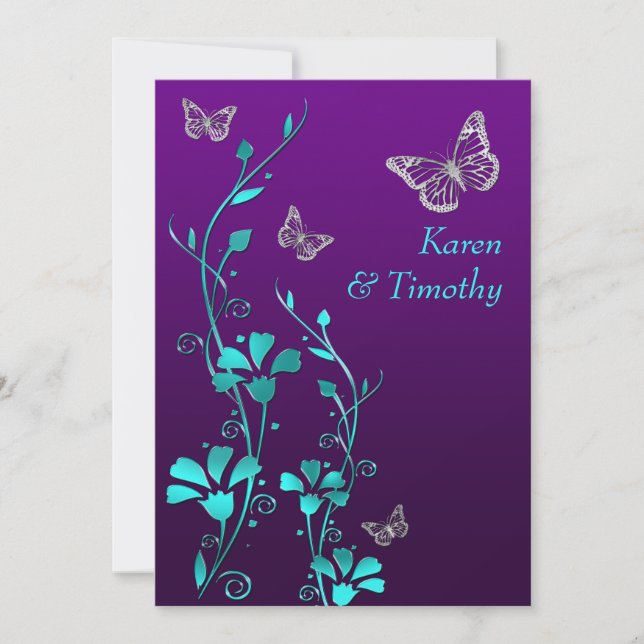 Invitación Boda | Plata Verde azulada morada, floral | Maripo (Anverso)