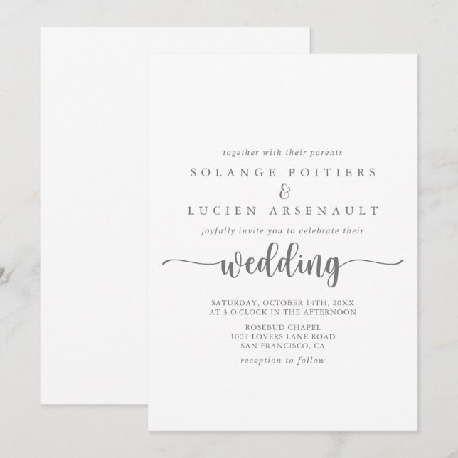 Invitación Boda plateado de caligrafía minimalista (Anverso / Reverso)