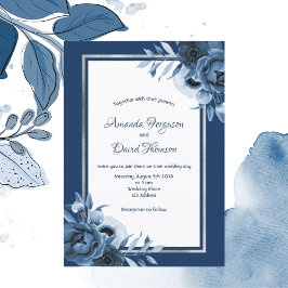 Invitación Boda plateado de flores blancas azules de la marin