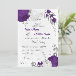 Invitación boda plateado de flores reales moradas blancas