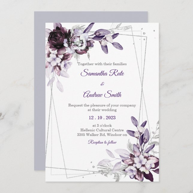 Invitación Boda plateado morado y lavanda (Anverso / Reverso)