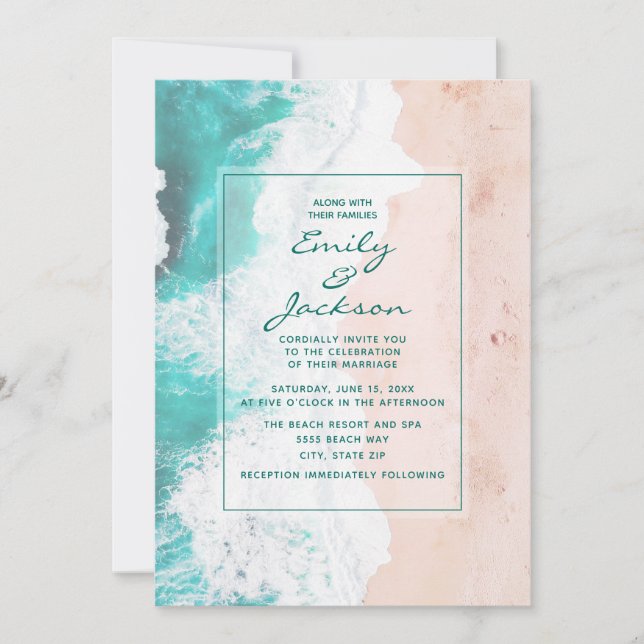 Invitación Boda Playa Océano Tropical Turquesa Blanco Marrón (Anverso)