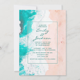 Invitación Boda Playa Océano Tropical Turquesa Blanco Marrón