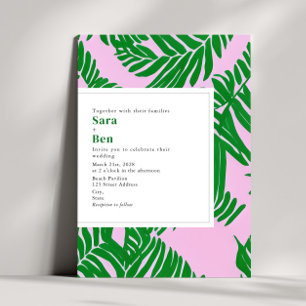 Invitación Boda playera rosa moderno + verde palmera