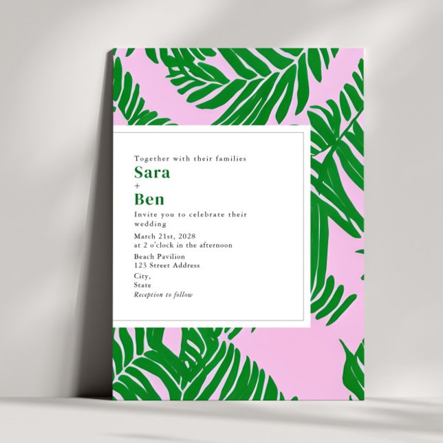 Invitación Boda playera rosa moderno + verde palmera (Subido por el creador)