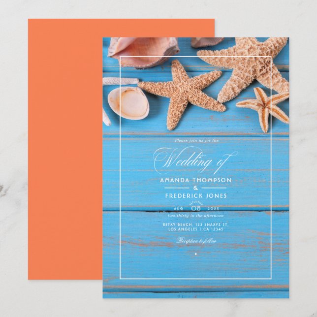 Invitación Boda playera rústica de turquesa y coral (Anverso / Reverso)