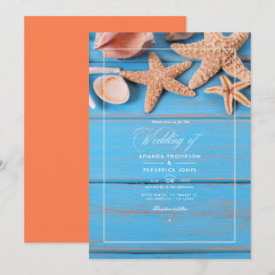 Invitación Boda playera rústica de turquesa y coral