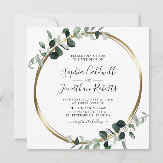 Invitación Boda Plaza Metálica de Oro de Eucalipto Todo en un (Anverso)