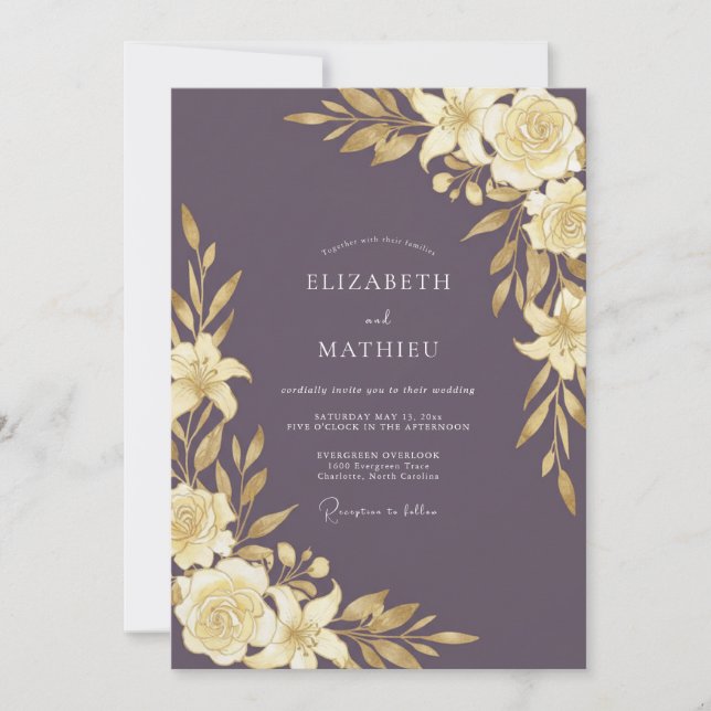 Invitación Boda Plum Gold Leafy (Anverso)