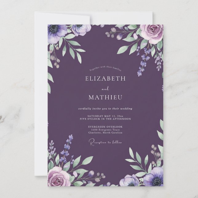 Invitación Boda Plum Lavanda Frondosa (Anverso)
