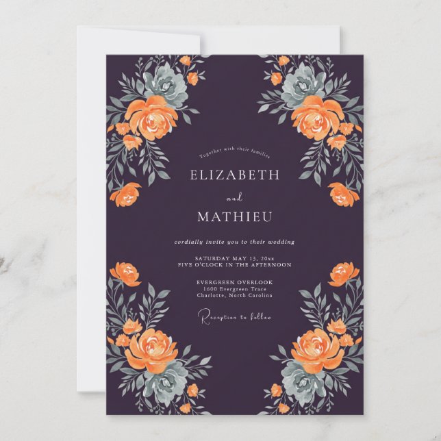 Invitación Boda Plum Orange Silver Leafy (Anverso)