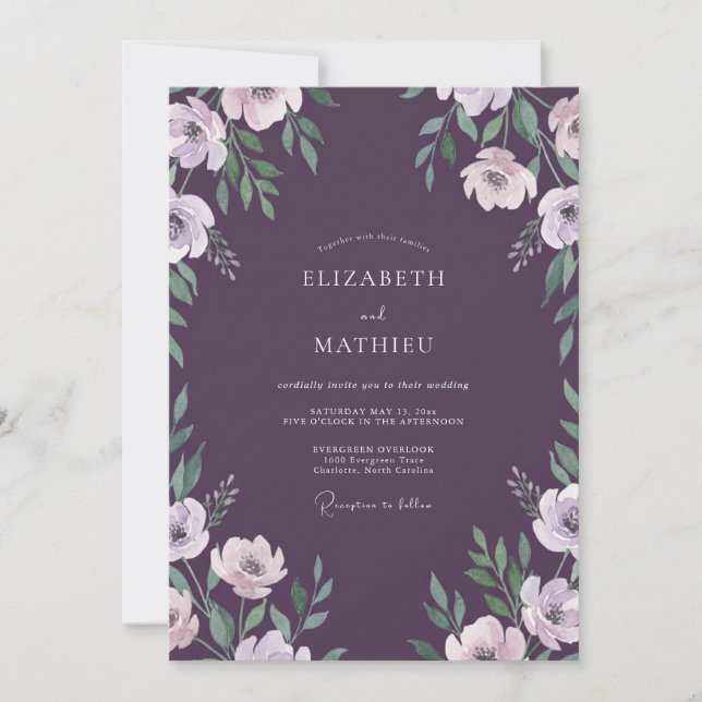 Invitación Boda Plum Pale Lavanda Frondosa (Anverso)