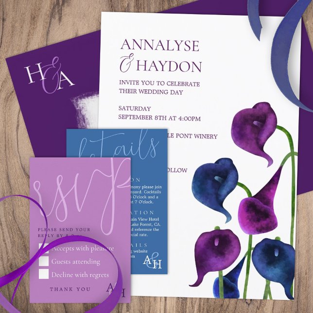 Invitación Boda Plum Purple & Blue Calla Lilies (plum purple royal blue calla lilies wedding invitations, rich moody dark purple dark blue lily)