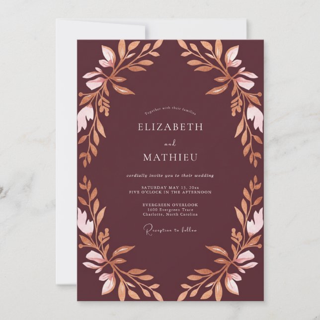 Invitación Boda Plum Rose Copper Leafy (Anverso)