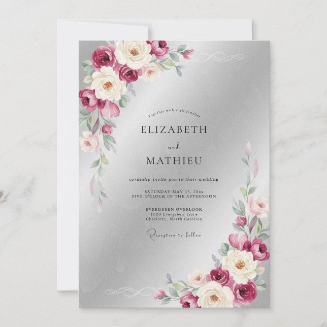 Invitación Boda Plum Silver Leafy (Anverso)