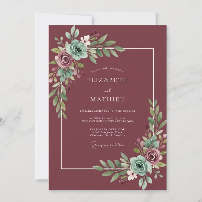 Invitación Boda Plum Teal Frondosa (Anverso)