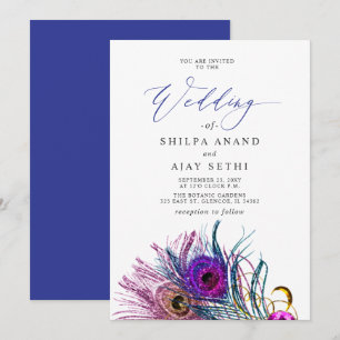 Invitación Boda Pluma de Pavo Real Azul Purpura Dorado Brilla