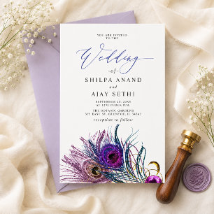 Invitación Boda Pluma de Pavo Real Azul Purpura Dorado Brilla