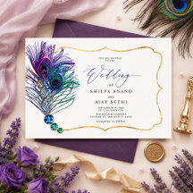 Boda Pluma de Pavo Real Dorado Azul Purpura Brilla