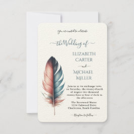Invitación Boda Pluma Romántica Rosa Polvo Azul Teal