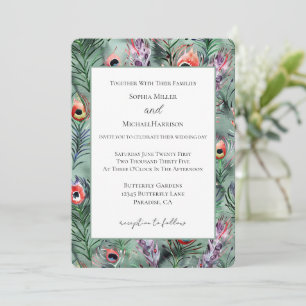 Invitación Boda Plumas de Pavo Real Verde Rojo