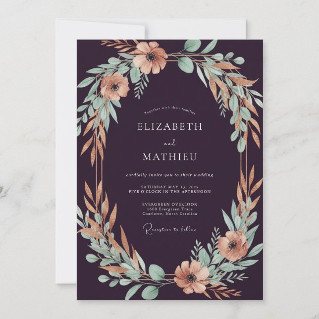 Invitación Boda Plumosa de Hojas de Melocotón (Anverso)