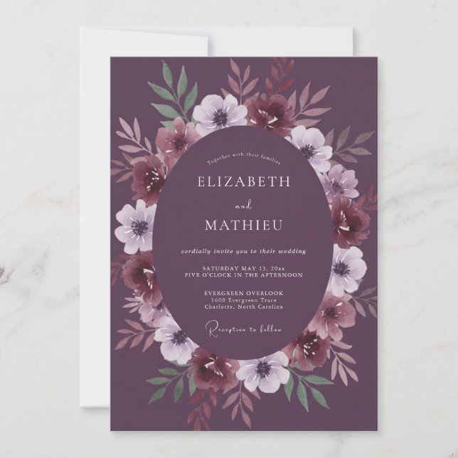 Invitación Boda Plumoso Violeta con Hojas (Anverso)