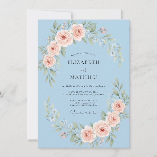 Invitación Boda Poética de Primavera Azul Celeste (Anverso)