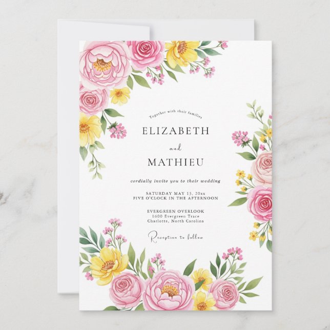 Invitación Boda Poética de Primavera Rosa Amarillo (Anverso)
