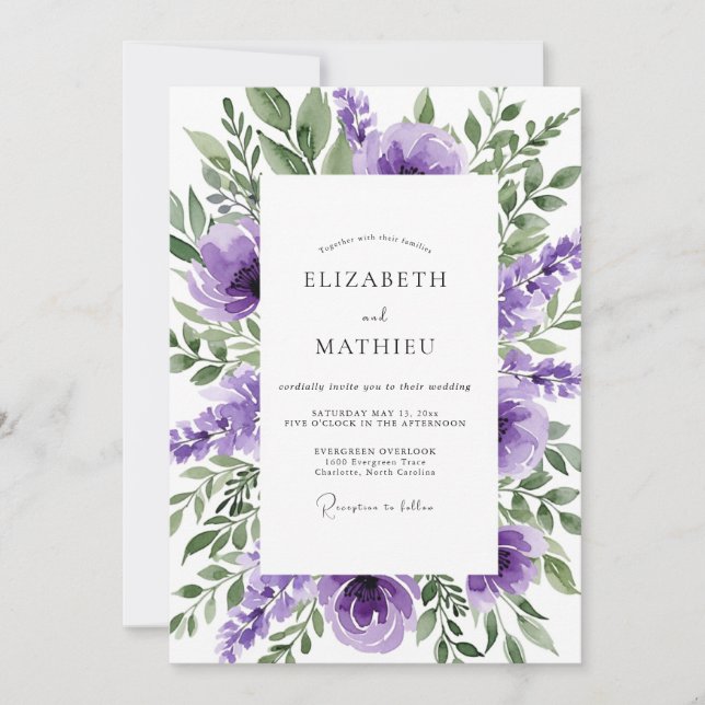 Invitación Boda poética de primavera violeta (Anverso)