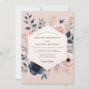 Invitación Boda Poética de Rubor y Azul Marino
