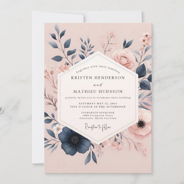 Invitación Boda Poética de Rubor y Azul Marino (Anverso)