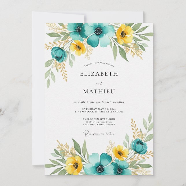 Invitación Boda poética de verano en amarillo y turquesa (Anverso)