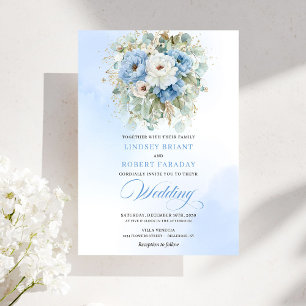 Invitación Boda Polvo Azul Blanco Peonía Dorado Jardín