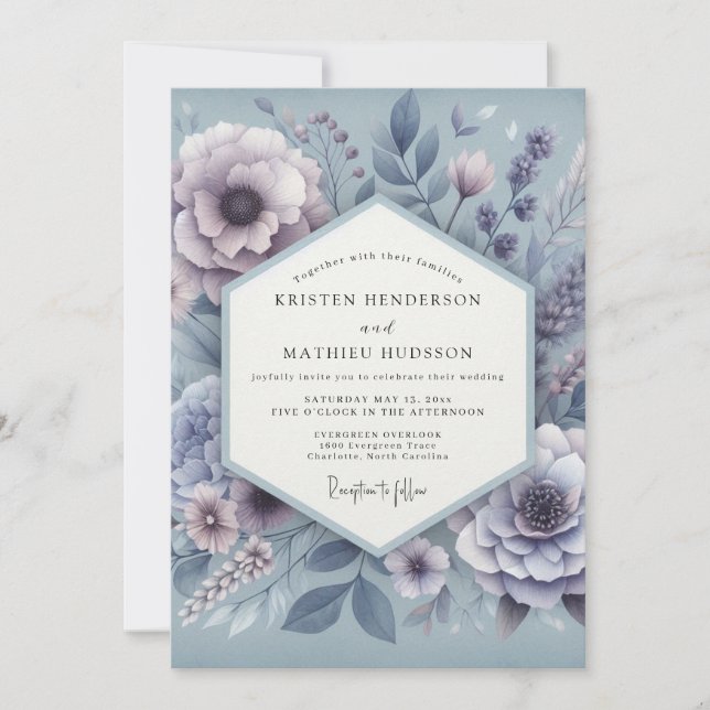 Invitación Boda Polvo Azul Etéreo Florido (Anverso)