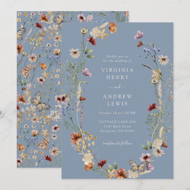 Invitación Boda Polvo Azul Flor Silvestre (Anverso / Reverso)