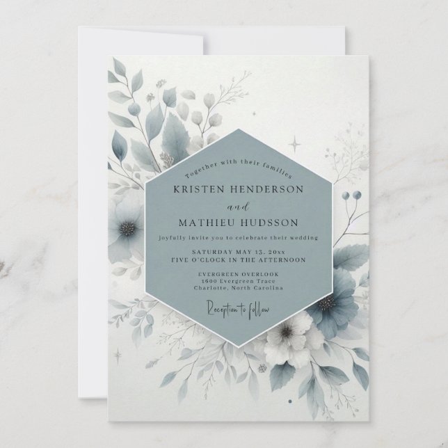 Invitación Boda Polvo Azul Helado Flor (Anverso)