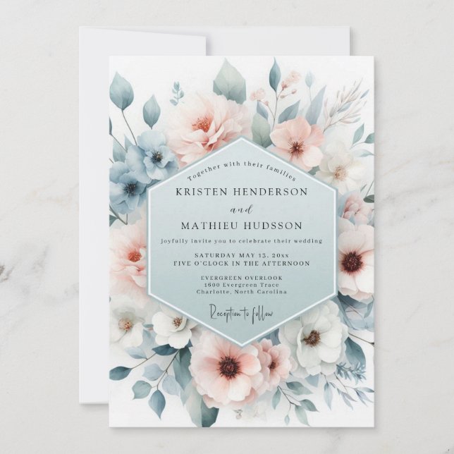 Invitación Boda Polvo Azul Sutil Flor de Gasas (Anverso)