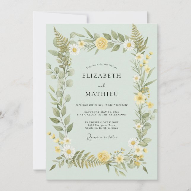 Invitación Boda Polvo de Eucalipto Amarillo Mantequilla Folla (Anverso)